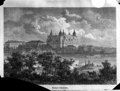 Kvarnholmen med Domkyrkan och Läroverket från Ängö. Teckning 1960-talet